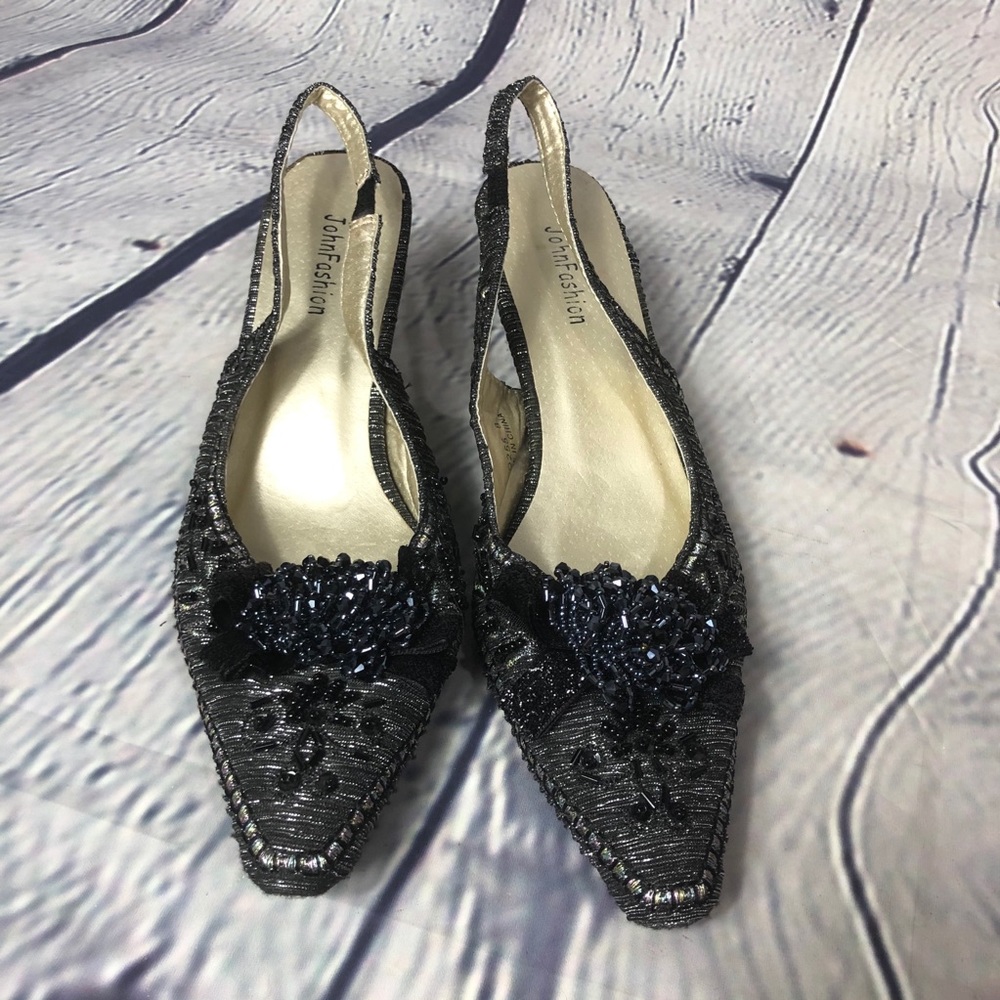 John Fashion black beaded sling back heels